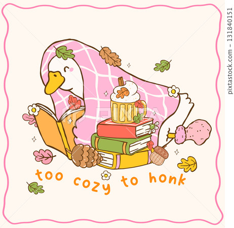 Cute Autumn Bookish Silly Goose Reading Book under Cozy Pink Blanket Cartoon Hand Drawn Illustration Cute Autumn Bookish Silly Goose Reading Book under Cozy Pink Blanket Cartoon Hand Drawn Illustration 131840151