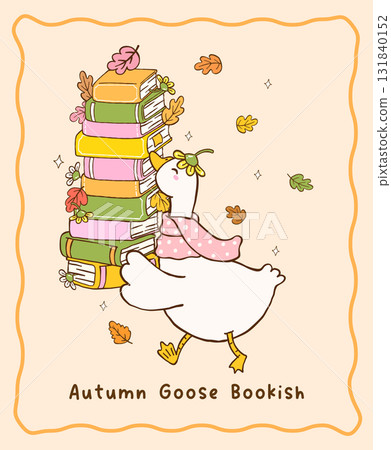 Cute Autumn Bookish Silly Goose Reading Cartoon Hand Drawn, Fall Goose Carrying Stacked Books Illustration 131840152