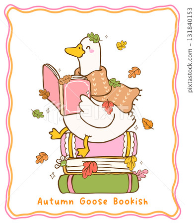 Cute Autumn Bookish Silly Goose Reading Cartoon Hand Drawn, Happy Fall Goose Sitting on Stacked Books Illustration 131840153