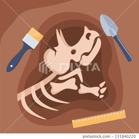Dinosaur bones skeletons in piece of ground. Old dead prehistoric animal. Paleontology, archaeology science. Archaeological find. Historical value. Vector Dinosaur bones skeletons in piece of ground. Old dead prehistoric animal. Paleontology, archaeology science. Archaeological find. Historical value. Vector 131840220