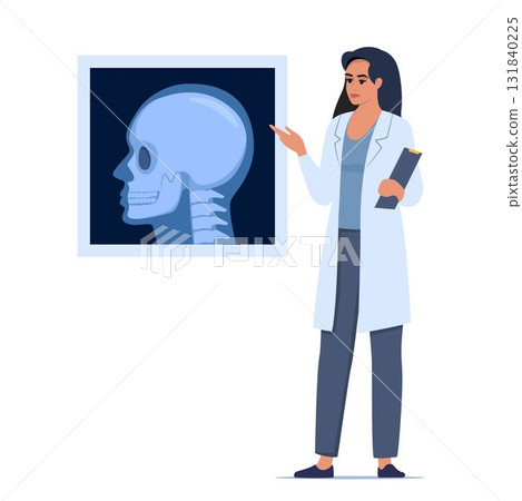 Doctor presenting human xray shot, gives a training lecture about anatomy. X-ray shot of skull, human body, head and neck bones side view. Medical seminar, lecture. Vector illustration. 131840225