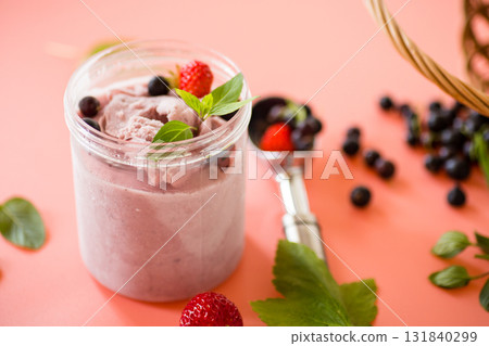 Homemade berry ice cream on pink background 131840299