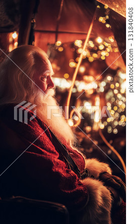 Santa Claus smiles gently while seated in a cozy chair, surrounded by soft lights and holiday decorations, embodying the joyous spirit of the Christmas season Santa Claus smiles gently while seated in a cozy chair, surrounded by soft lights and holiday decorations, embodying the joyous spirit of the Christmas season 131840408