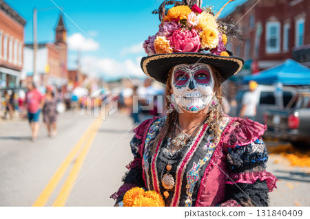 Participants dressed in ornate Dia de los Muertos attire celebrate in a bustling city square, honoring loved ones with colorful decorations and a joyful atmosphere Participants dressed in ornate Dia de los Muertos attire celebrate in a bustling city square, honoring loved ones with colorful decorations and a joyful atmosphere 131840409
