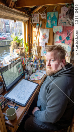 In a vibrant coworking space, a man sits at a table with a cup, focused on his work. Surrounded by greenery and artistic decor, the atmosphere inspires creativity In a vibrant coworking space, a man sits at a table with a cup, focused on his work. Surrounded by greenery and artistic decor, the atmosphere inspires creativity 131840426