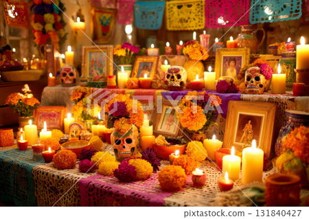 A vibrant altar displays decorative sugar skulls, candles, and marigolds surrounded by framed photos, celebrating Dia de los Muertos with warmth and color A vibrant altar displays decorative sugar skulls, candles, and marigolds surrounded by framed photos, celebrating Dia de los Muertos with warmth and color 131840427