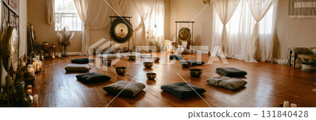 This calming space is set up for sound therapy, with gongs placed prominently, surrounded by cushions. Soft lighting and decor create a tranquil atmosphere for relaxation and meditation, banner This calming space is set up for sound therapy, with gongs placed prominently, surrounded by cushions. Soft lighting and decor create a tranquil atmosphere for relaxation and meditation, banner 131840428