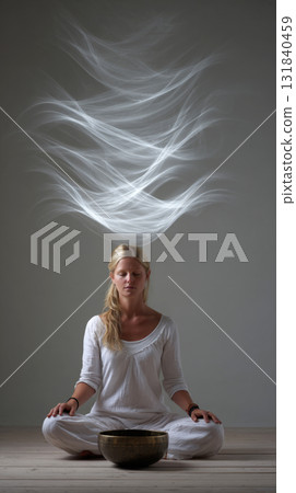 A person practices sound therapy meditation in a peaceful environment, surrounded by waves of calming sound vibrations. The atmosphere enhances relaxation and mindfulness A person practices sound therapy meditation in a peaceful environment, surrounded by waves of calming sound vibrations. The atmosphere enhances relaxation and mindfulness 131840459