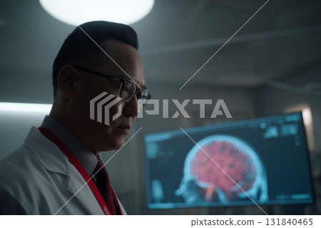 A doctor in a white coat and glasses examines digital diagnostic images in a dimly lit hospital room, concentrating on the details displayed on the screen 131840465