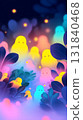 A group of fluffy fantasy monsters with bright pink, yellow, and white fur stand together amidst a colorful, glowing backdrop of stars and enchanting greenery, creating a magical atmosphere 131840468