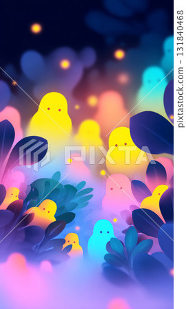 A group of fluffy fantasy monsters with bright pink, yellow, and white fur stand together amidst a colorful, glowing backdrop of stars and enchanting greenery, creating a magical atmosphere 131840468