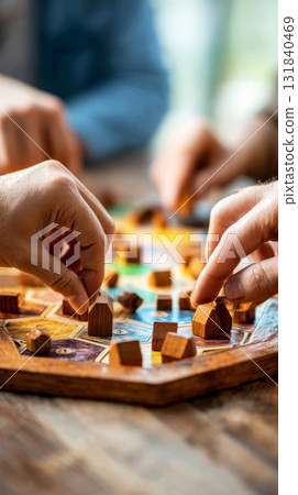 Participants immerse themselves in a strategic board game, placing wooden houses on the game board while surrounded by friends in a warm and inviting atmosphere 131840469