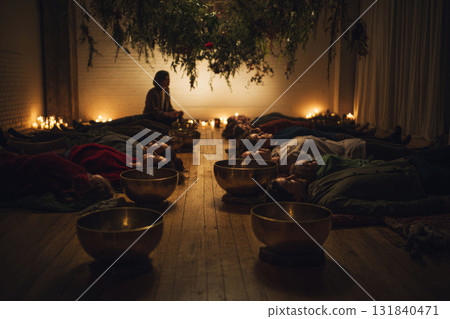 In a tranquil room filled with greenery, participants lie on mats while a facilitator leads a sound therapy session using singing bowls and candles for ambiance 131840471