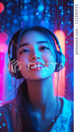 Dreamy double exposure of a woman face blending seamlessly with a swirling space nebula. Swirling galaxies and cosmic clouds create a surreal, infinite connection to the cosmos, banner 131840555
