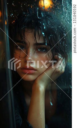 Dreamy double exposure of a woman face blending seamlessly with a swirling space nebula. Swirling galaxies and cosmic clouds create a surreal, infinite connection to the cosmos, banner 131840592