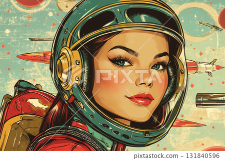 Dreamy double exposure of a woman face blending seamlessly with a swirling space nebula. Swirling galaxies and cosmic clouds create a surreal, infinite connection to the cosmos, banner 131840596