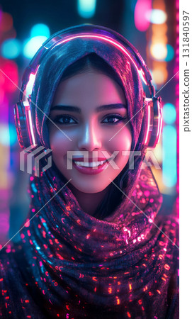 Dreamy double exposure of a woman face blending seamlessly with a swirling space nebula. Swirling galaxies and cosmic clouds create a surreal, infinite connection to the cosmos, banner 131840597
