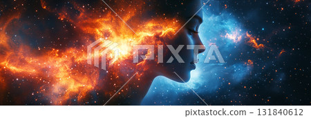 Dreamy double exposure of a woman face blending seamlessly with a swirling space nebula. Swirling galaxies and cosmic clouds create a surreal, infinite connection to the cosmos, banner 131840612