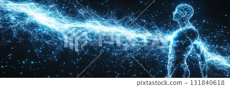 Dreamy double exposure of a woman face blending seamlessly with a swirling space nebula. Swirling galaxies and cosmic clouds create a surreal, infinite connection to the cosmos, banner 131840618