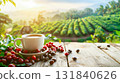 Hot coffee cup with fresh organic red coffee beans with copy space. 131840626