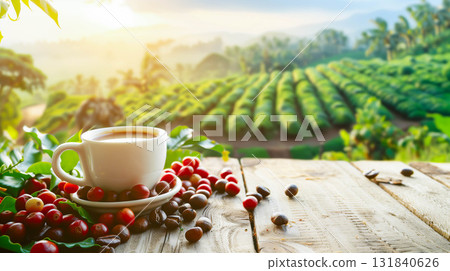 Hot coffee cup with fresh organic red coffee beans with copy space. 131840626