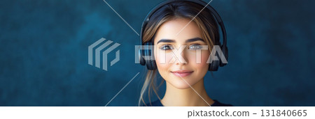 A relaxed and stylish Arab girl, smiling with white headphones on, poses against a deep blue background in a clean, minimalistic mock-up design, banner 131840665