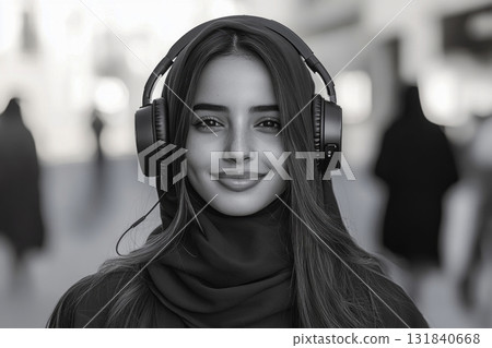 A timeless black-and-white portrait of a smiling Arab girl wearing headphones, designed in a clean and minimalistic style, perfect for a modern and elegant mock-up A timeless black-and-white portrait of a smiling Arab girl wearing headphones, designed in a clean and minimalistic style, perfect for a modern and elegant mock-up 131840668