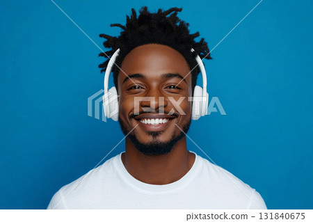 Portrait of a smiling Afroamerican young man with headphones on a blue background, perfect for a stylish, clean mock-up 131840675