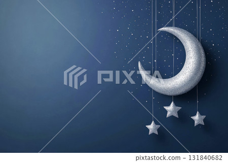 A mock-up featuring a dark blue-gray wall adorned with a silver moon, stars, and dots hanging on thread, creating a minimal and clean atmosphere for a children party or a child bedroom 131840682