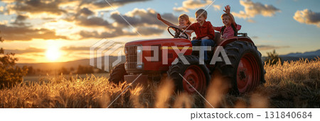 Children on a hayride, enjoying the peaceful countryside during a farm holiday. The nostalgic painting style captures the golden glow of sunset and the fun, relaxing atmosphere, banner 131840684