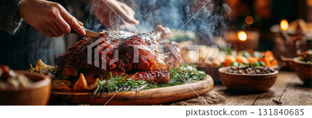Hands expertly carve a juicy Thanksgiving turkey surrounded by seasonal sides in a cozy kitchen. The scene exudes warmth and holiday spirit, perfect for a family feast, banner 131840685