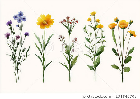 A beautiful watercolor illustration of wildflowers, delicately painted in a botanical style, isolated on a white background, perfect for a clean and minimalist poster 131840703