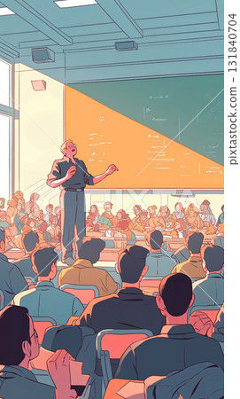 Dynamic depiction of a professor engaging students during a lecture, the colorful and lively setting showcasing modern teaching and interactive participation in the classroom 131840704
