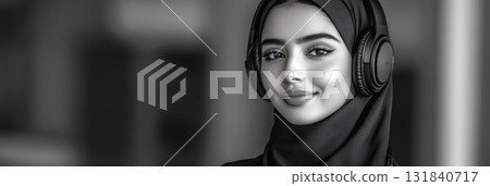A classic and minimalistic black-and-white image of a smiling Arab girl wearing headphones, radiating purity and sophistication, ideal for clean and contemporary design concepts, banner 131840717