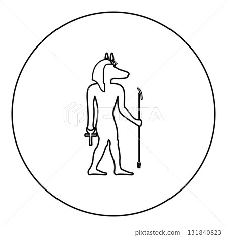 Anubis deity with jackal head ancient Egyptian god holds staff and anch cross silhouette mythical icon in circle round black color vector illustration image outline contour line thin style Anubis deity with jackal head ancient Egyptian god holds staff and anch cross silhouette mythical icon in circle round black color vector illustration image outline contour line thin style 131840823