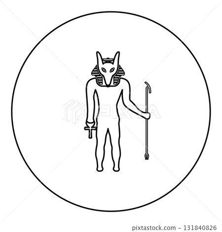 Anubis deity with jackal head ancient Egyptian god holds staff and anch cross silhouette mythical icon in circle round black color vector illustration image outline contour line thin style 131840826