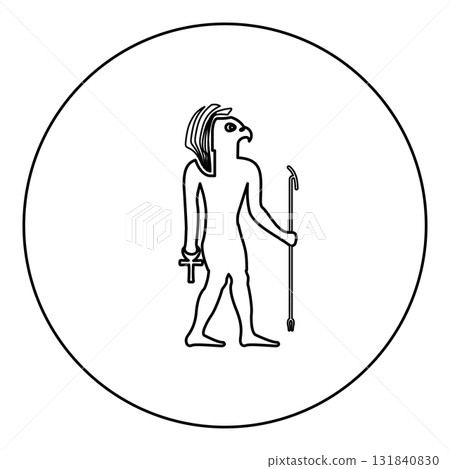 Egypt sun god deity Ra ancient with falcon head icon in circle round black color vector illustration image outline contour line thin style 131840830