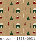 Scandinavian style winter pattern with green houses fir trees and mountains on beige background 131840931