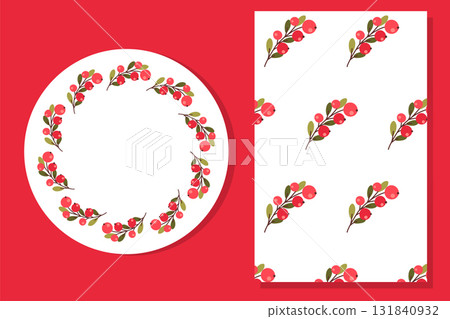 Rowan branches with red berries and green leaves in a circular wreath design on white background 131840932