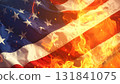 American flag burning in fire representing national crisis 131841075