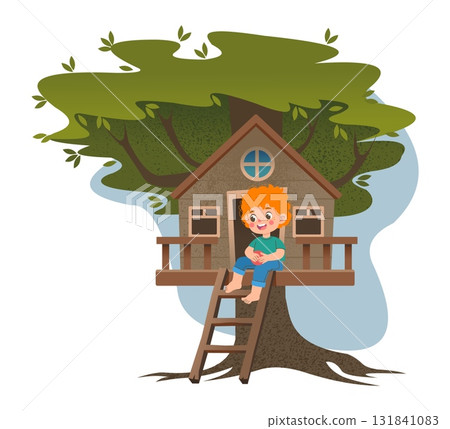 Children tree house. Cozy building on forest wood branch. Small camp home at wood. Kid playing in playground hut. Childhood joy. Happy kindergarten boy. Treehouse shelter. Outdoor game. Vector concept 131841083