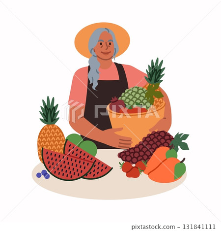 Woman fruit harvest. Happy girl hold tropical natural plants. Grapes, tasty watermelon and sweet pineapple. Local farm. Gardener grows organic food. Vector cartoon flat style isolated illustration 131841111