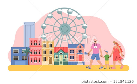 Amusement park. City building landscape. Family leisure time. Ferris wheel and happy visitors. Architectural minimal panorama, skyscraper composition. Vector cartoon flat style isolated illustration 131841126