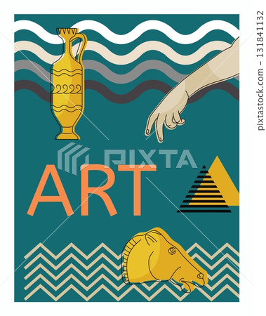 Art poster. Ancient vase and statue. Doodle geometric shape. Curve simple form. Antique sculpture. Horse head. Woman hand. Contemporary collage. Museum exhibition. Vector creative minimalistic banner Art poster. Ancient vase and statue. Doodle geometric shape. Curve simple form. Antique sculpture. Horse head. Woman hand. Contemporary collage. Museum exhibition. Vector creative minimalistic banner 131841132
