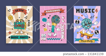 Retro music poster. Cassette tape icon. Cartoon mascot singing in karaoke. Trendy vintage banners set. Funky school of 80s. Nostalgic party with good vibes. Musical concert. Vector funny tidy symbols Retro music poster. Cassette tape icon. Cartoon mascot singing in karaoke. Trendy vintage banners set. Funky school of 80s. Nostalgic party with good vibes. Musical concert. Vector funny tidy symbols 131841139