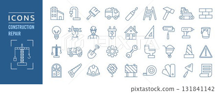 Icon construction. Industry engineering symbol. Logo building. Emblem architecture. Badge civil infrastructure. Home renovation. Industrial tech. Repair tool. Vector project tidy design line signs set 131841142