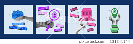 Real estate banner. Realty template in retro halftone. Hand holds house. Home property sale collage. Mortgage loan adviser. Architecture rating. Halftone dotted arm. Vector graphic garish posters set Real estate banner. Realty template in retro halftone. Hand holds house. Home property sale collage. Mortgage loan adviser. Architecture rating. Halftone dotted arm. Vector graphic garish posters set 131841144