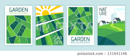 Farm pattern. Landscape of field. Aerial view on land. Rural garden background. Green plants organic texture. Abstract agriculture. Banner or flyer collection. Vector ECO design of garish poster set Farm pattern. Landscape of field. Aerial view on land. Rural garden background. Green plants organic texture. Abstract agriculture. Banner or flyer collection. Vector ECO design of garish poster set 131841146