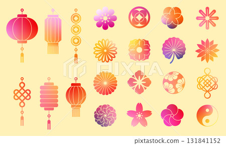 Line icon of China. Asian New Year. Chinese element. Lantern, flower and cloud gradient. Traditional graphic frame. Modern gold ornament design, oriental illumination. Vector linear card Japanese set 131841152