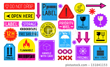 Barcode shipping stickers. Industrial warehouse labels. Packaging logistic tags for box. Ecommerce patches. Online shopping. Transportation symbols. Parcel delivery badges. Vector garish elements set 131841153